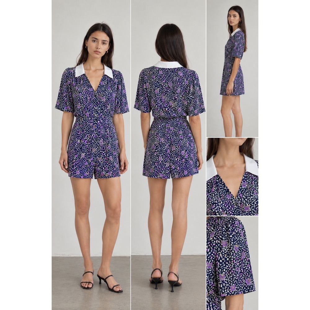 NWT Maje Irandal Floral Romper Blue Purple White Collar Viscose Size 42 US XL